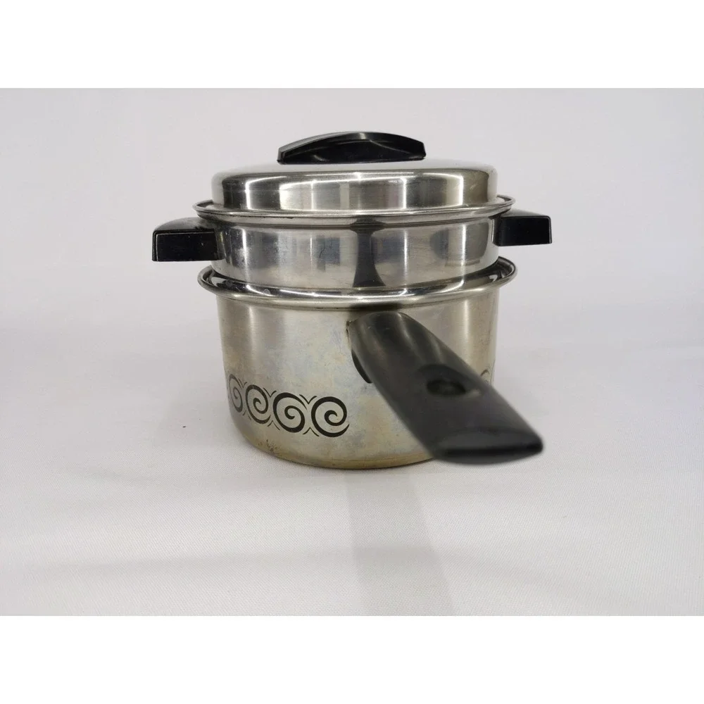VTG Ecko Stainless Steel Double Boiler w Lid Black Handles‎ Swirl Design 2qt
